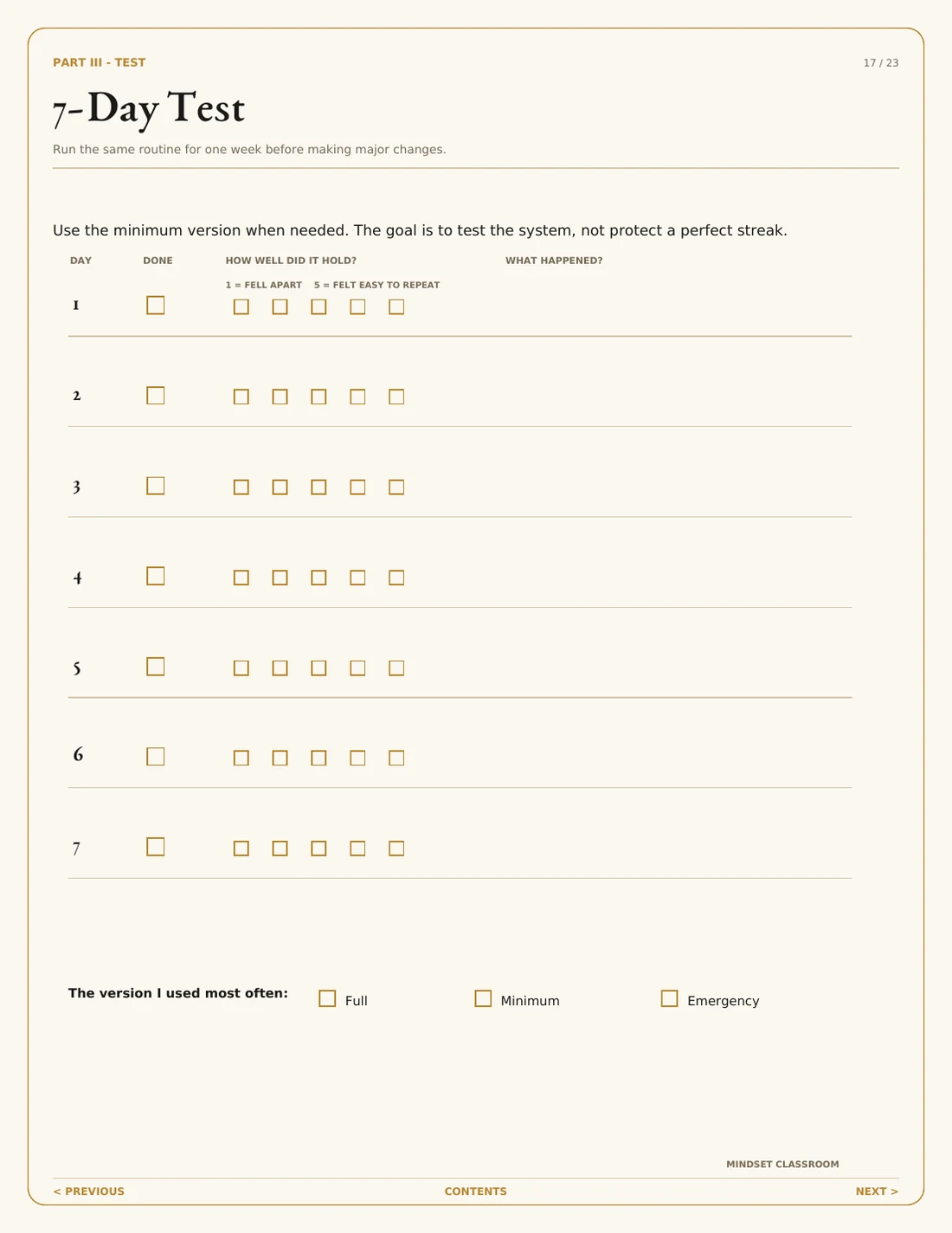 7-Day Test page from The Routine Builder