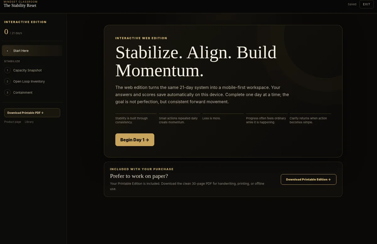 The Stability Reset interactive web edition workspace